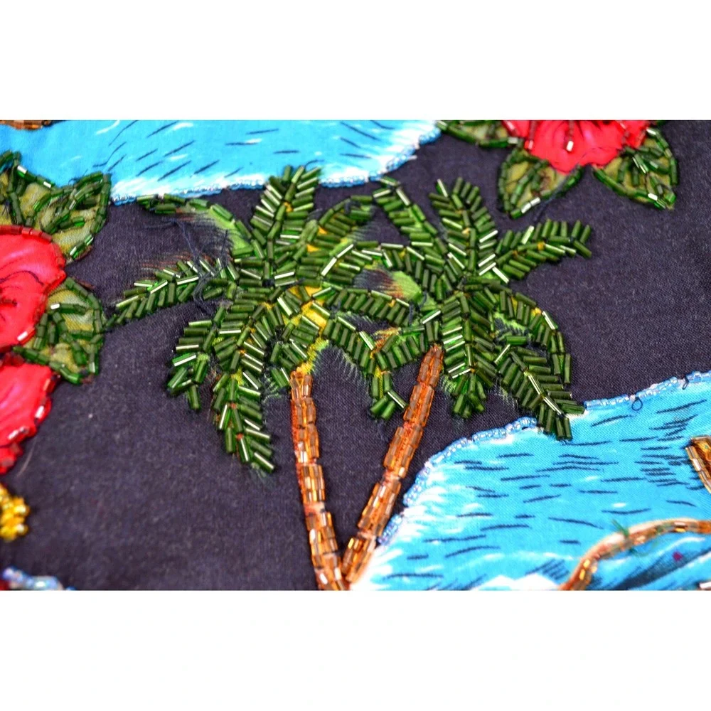 Hawaiian Purse Double Bamboo Handles Hibiscus‎ Floral Catamaran Beaded Fringe